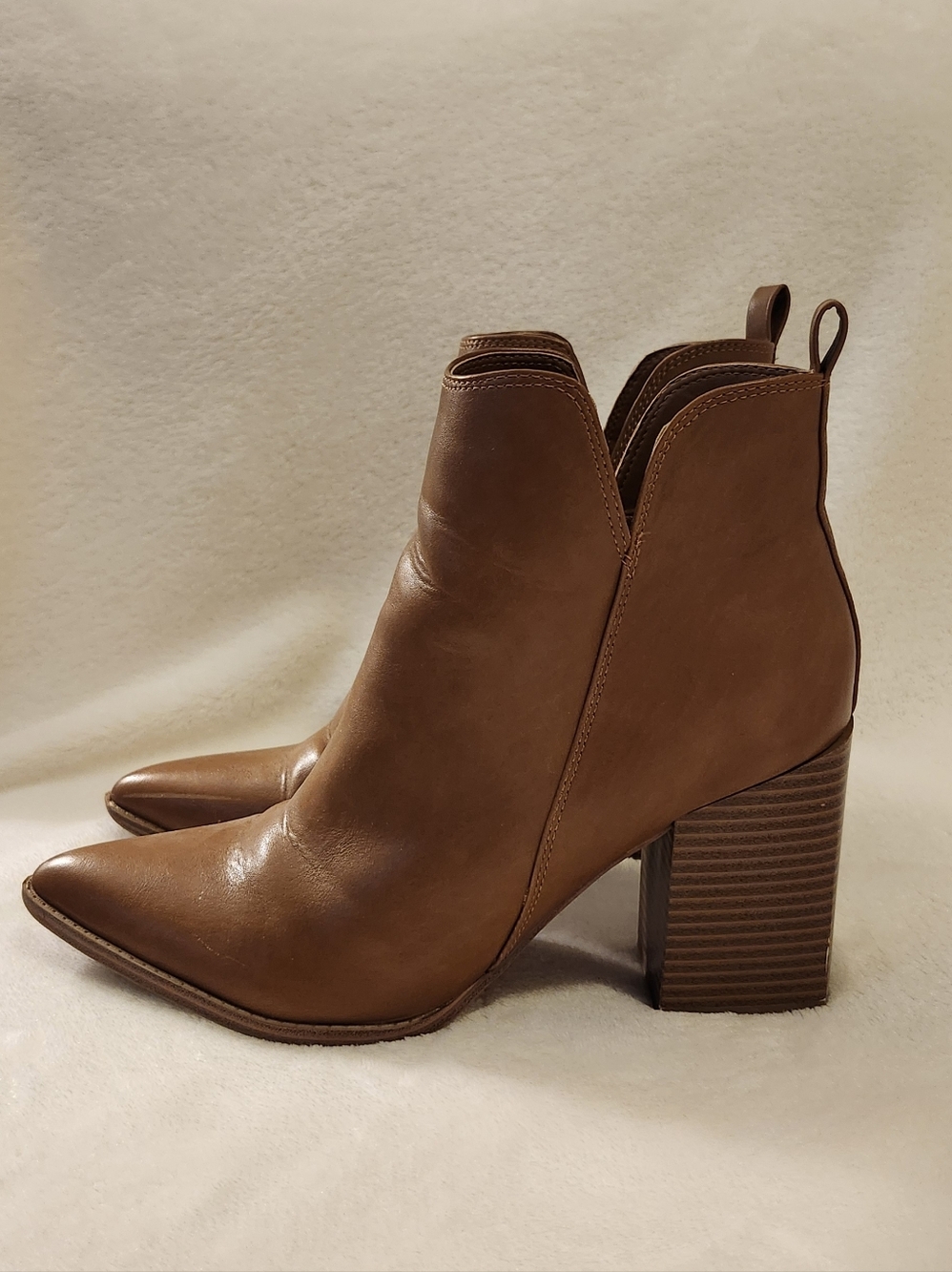 Nine West Women's Brown Leather Pointed Toe Block Heel Ankle Boots